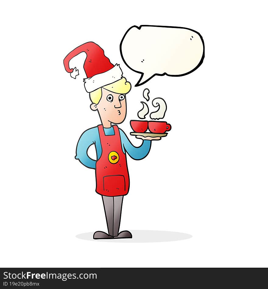 freehand drawn speech bubble cartoon barista serving coffee at christmas