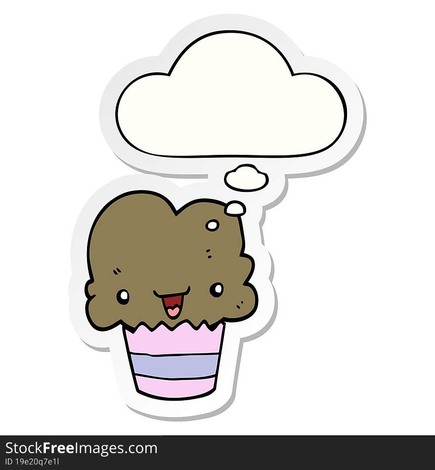 Cartoon Cupcake With Face And Thought Bubble As A Printed Sticker