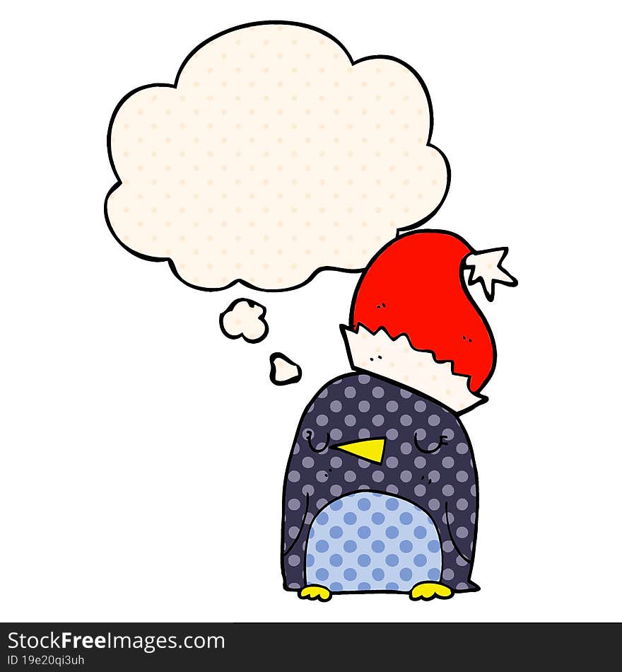 cute christmas penguin and thought bubble in comic book style