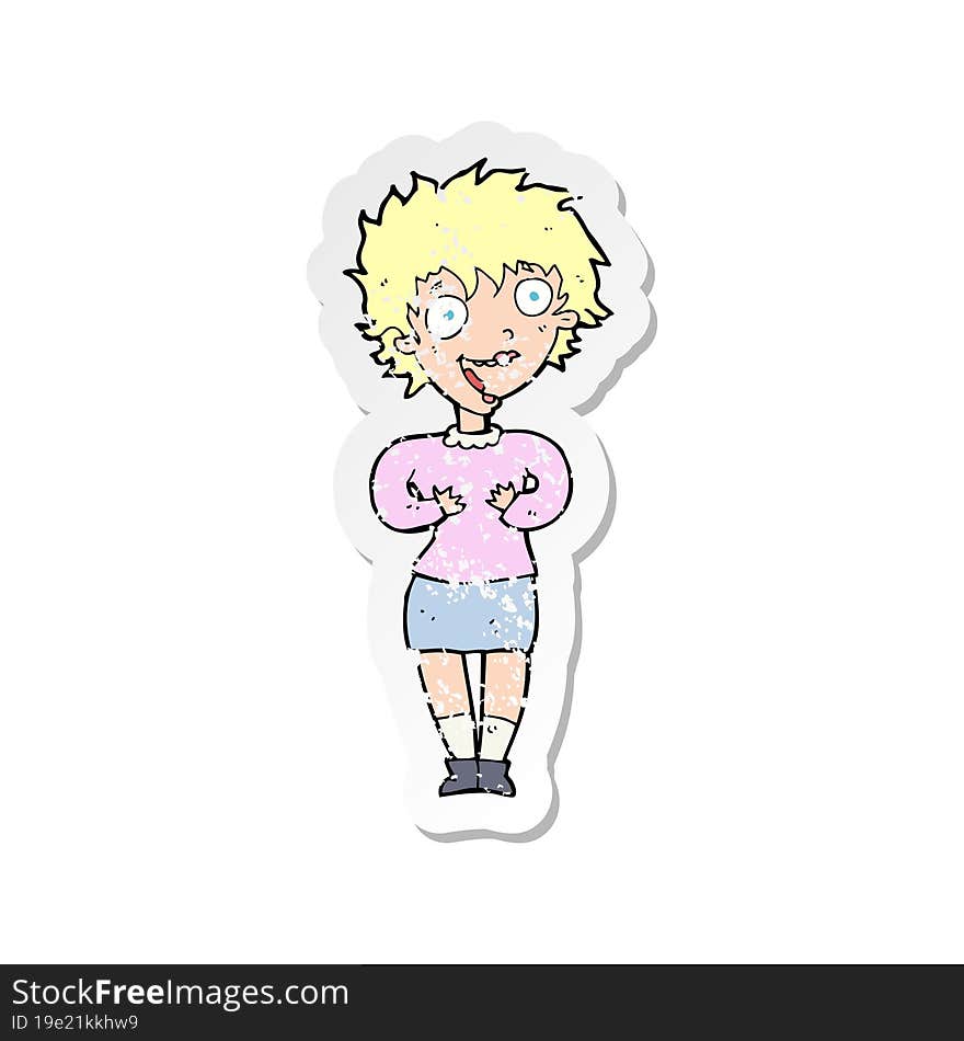 retro distressed sticker of a cartoon excited woman