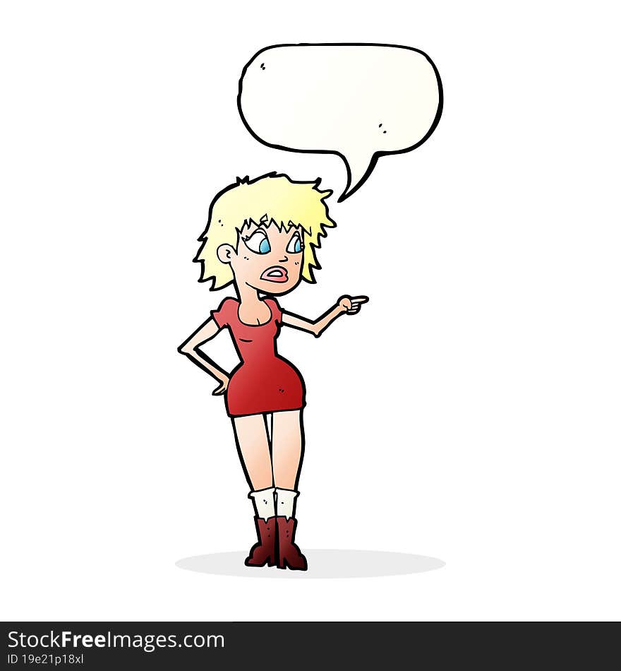 cartoon worried woman in dress pointing with speech bubble