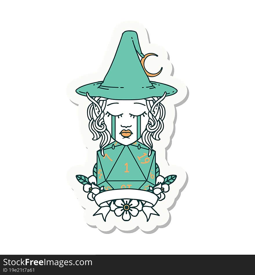 crying elf mage character with natural one dice roll sticker