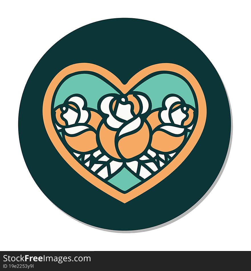 sticker of tattoo in traditional style of a heart and flowers. sticker of tattoo in traditional style of a heart and flowers