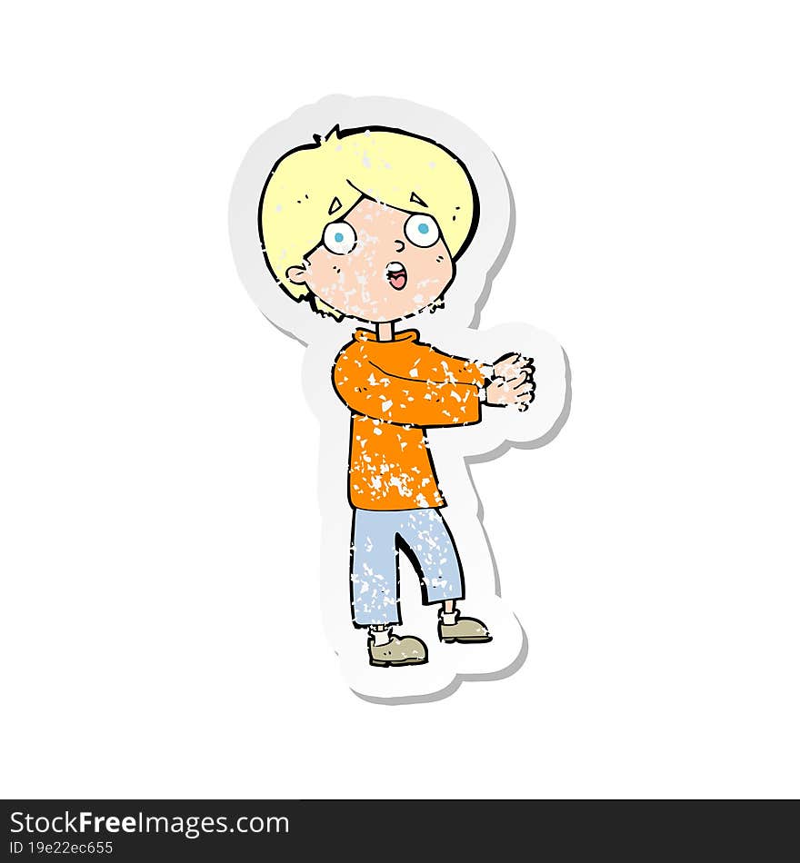 retro distressed sticker of a cartoon shocked boy