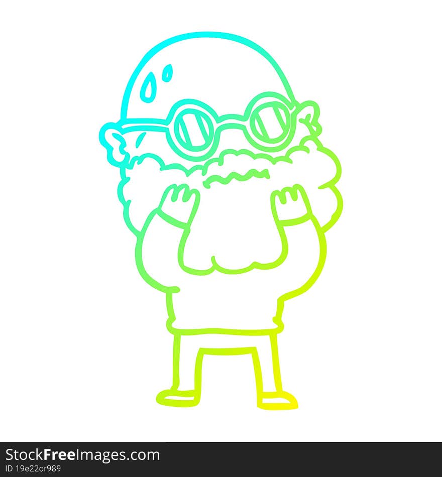 cold gradient line drawing of a cartoon worried man with beard and spectacles