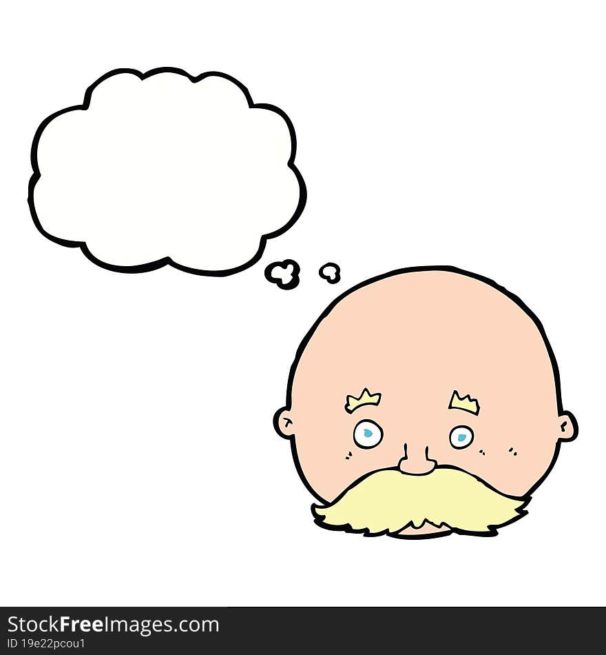 cartoon bald man with mustache with thought bubble