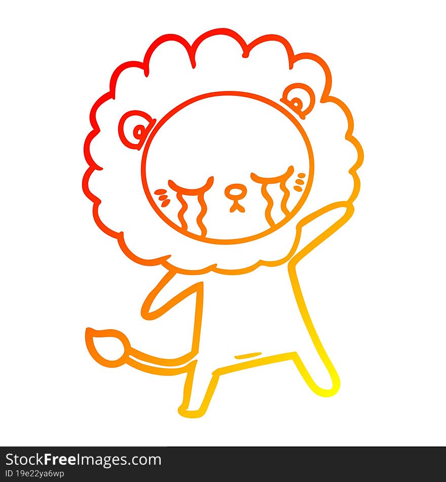 warm gradient line drawing of a crying cartoon lion