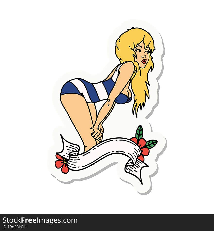 tattoo style sticker of a pinup girl in swimming costume with banner