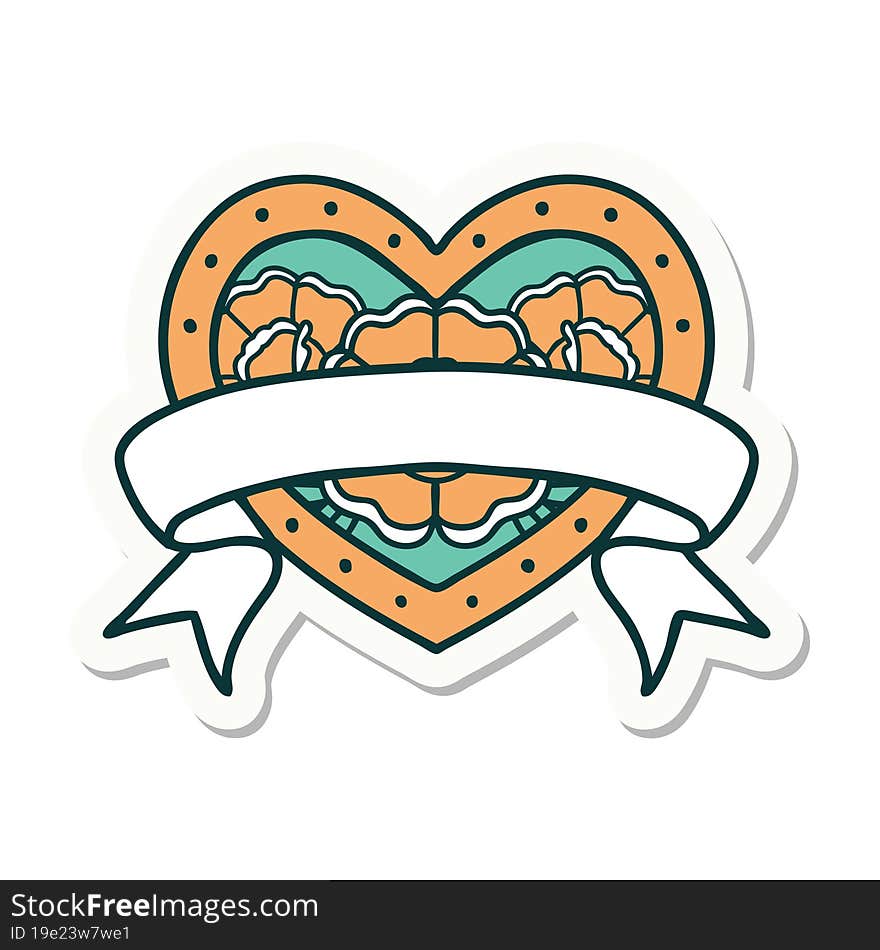 sticker of tattoo in traditional style of a heart and banner with flowers. sticker of tattoo in traditional style of a heart and banner with flowers