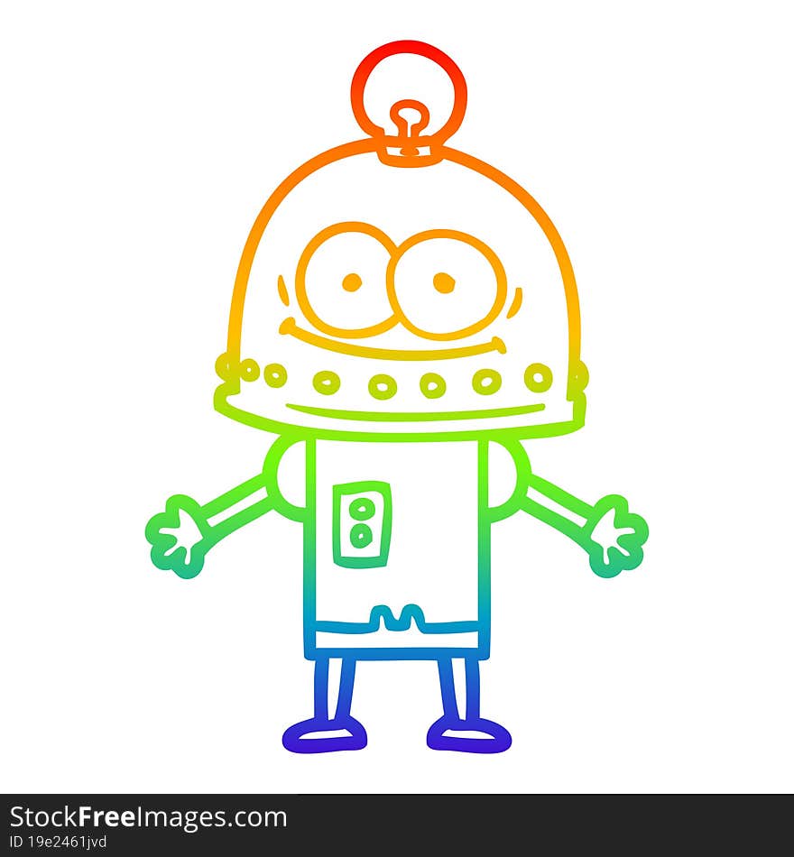 rainbow gradient line drawing of a happy carton robot with light bulb