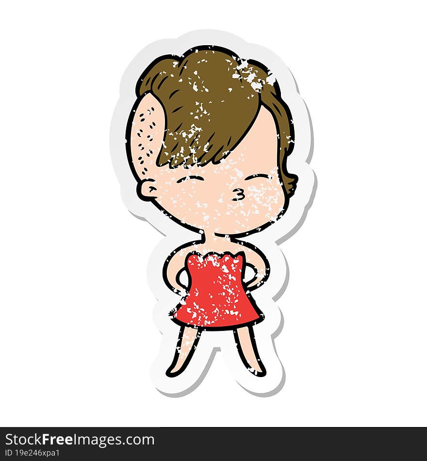 distressed sticker of a cartoon squinting girl in dress