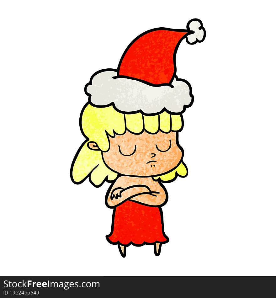 textured cartoon of a indifferent woman wearing santa hat