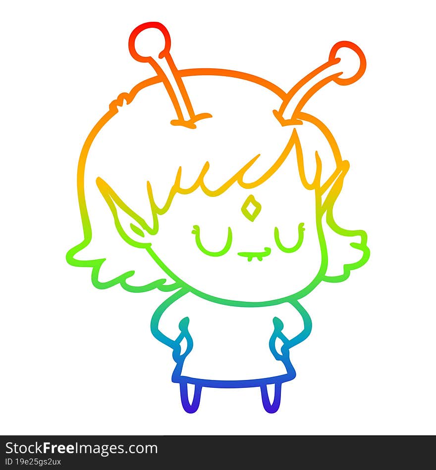 rainbow gradient line drawing of a cartoon alien girl