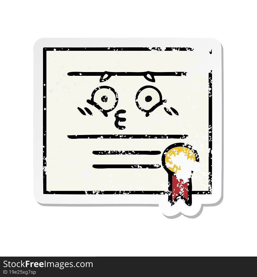 distressed sticker of a cute cartoon graduation diploma