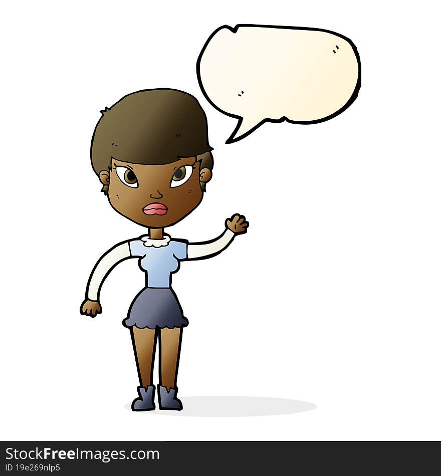 cartoon woman waving with speech bubble