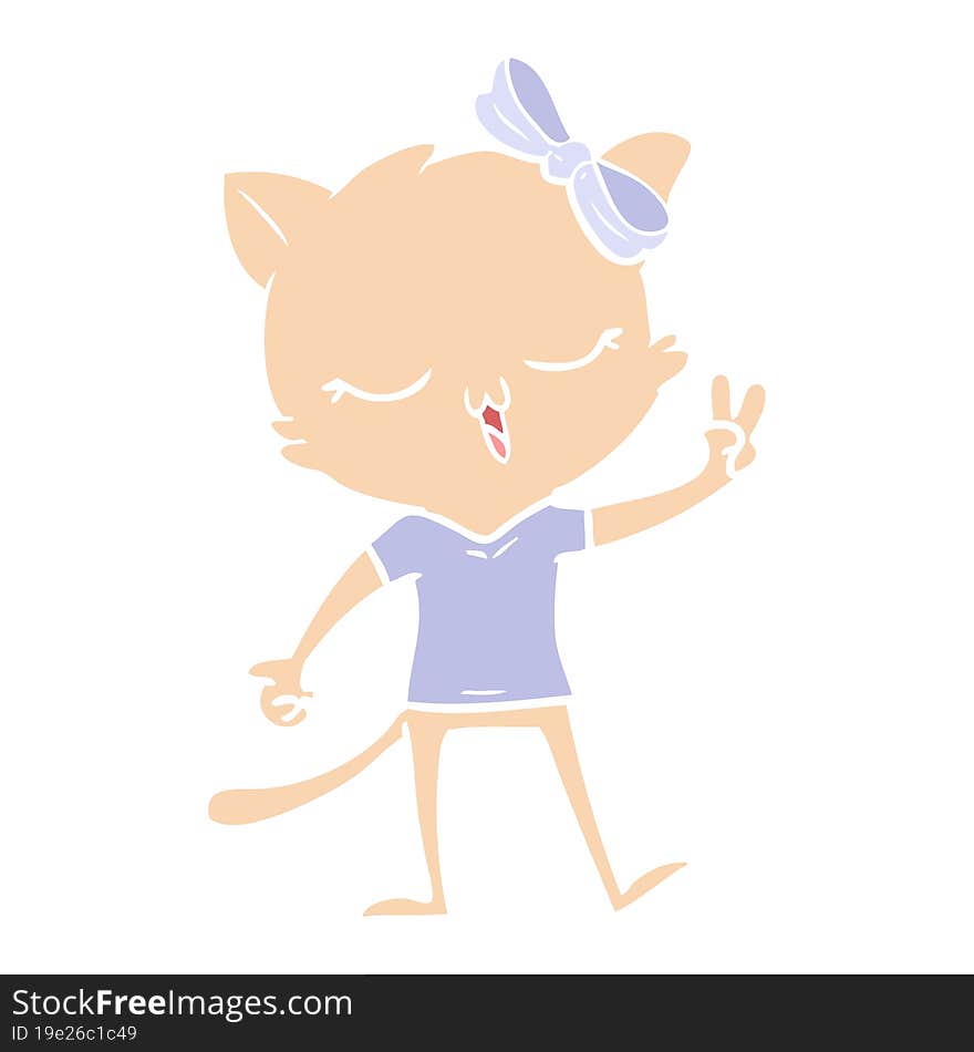 flat color style cartoon cat with bow on head giving peace sign