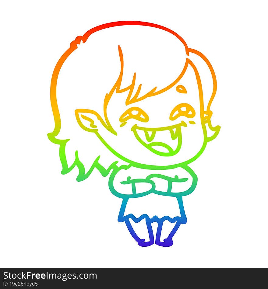 rainbow gradient line drawing of a cartoon laughing vampire girl