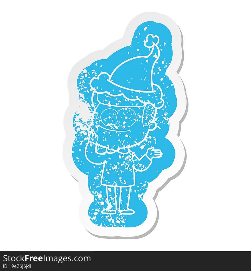 Cartoon Distressed Sticker Of A Happy Man Wearing Santa Hat