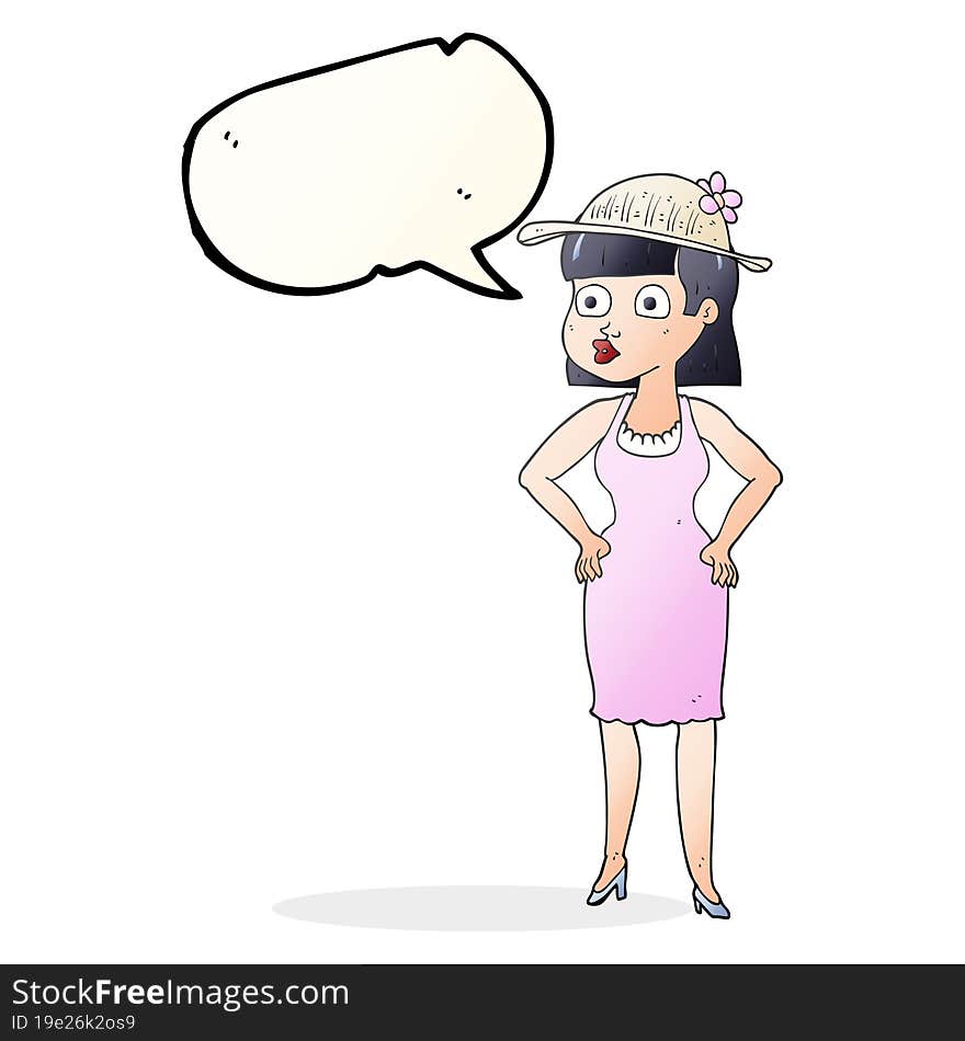 freehand drawn speech bubble cartoon woman wearing sun hat