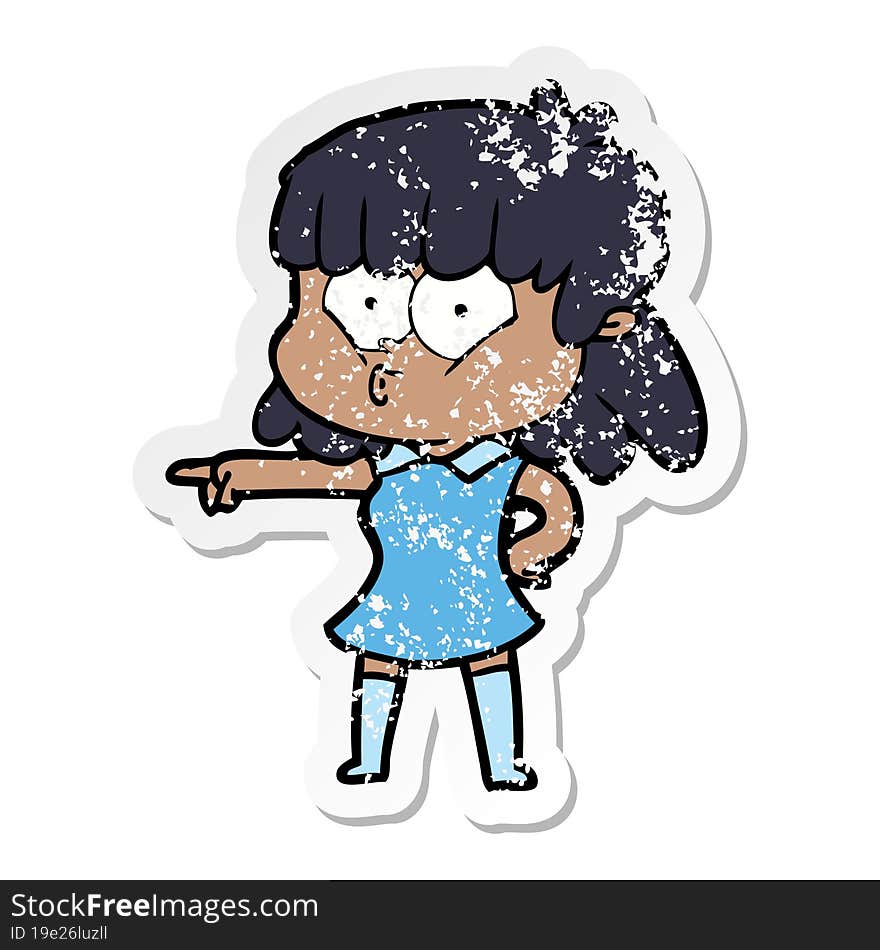 distressed sticker of a cartoon whistling girl pointing