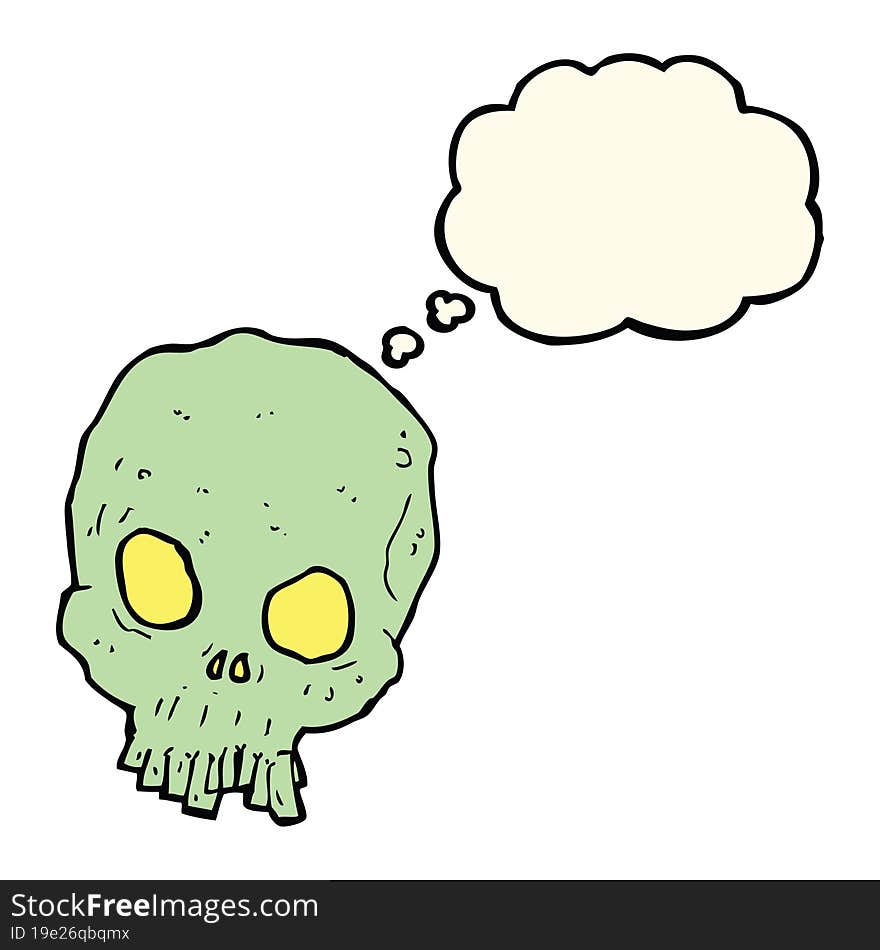 cartoon spooky skull with thought bubble