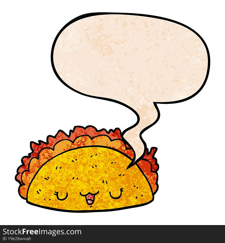 cartoon taco and speech bubble in retro texture style