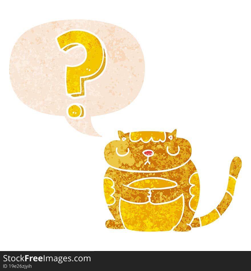 Cartoon Cat With Question Mark And Speech Bubble In Retro Textured Style