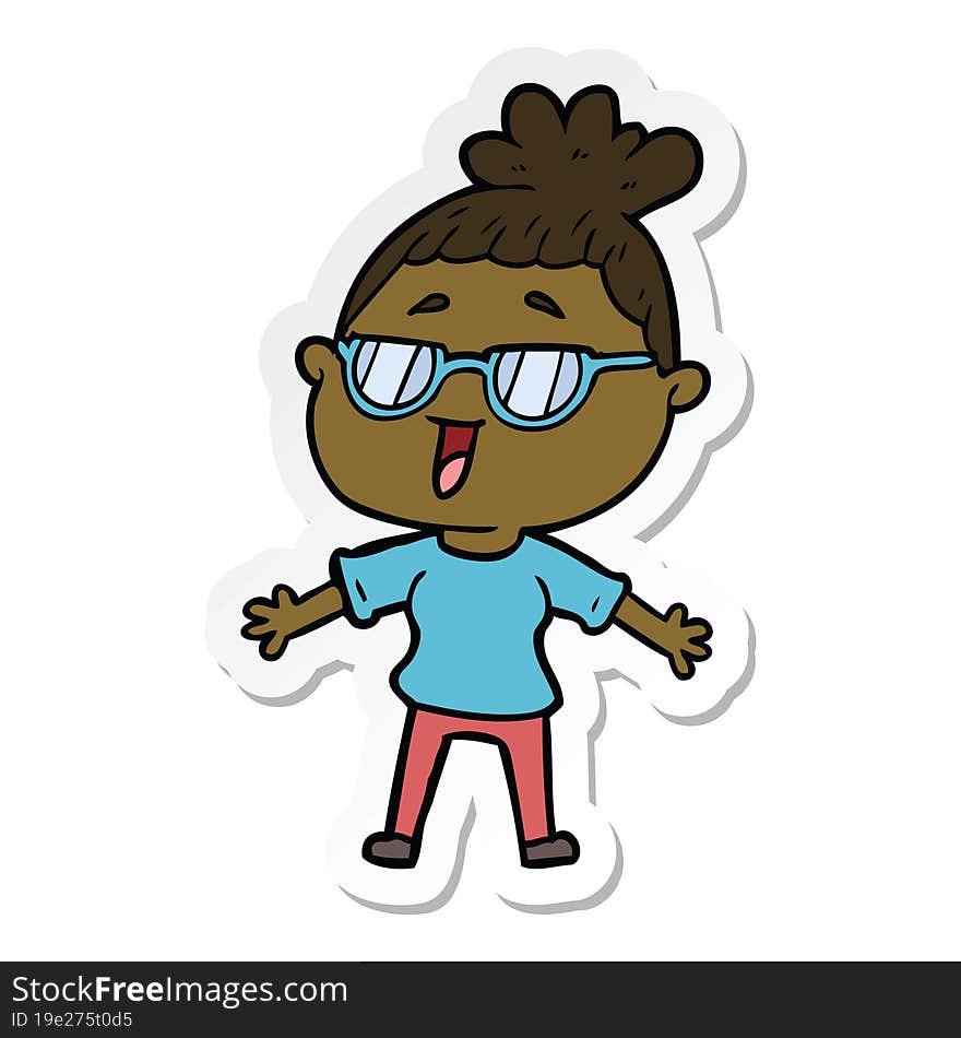 sticker of a cartoon happy woman wearing spectacles