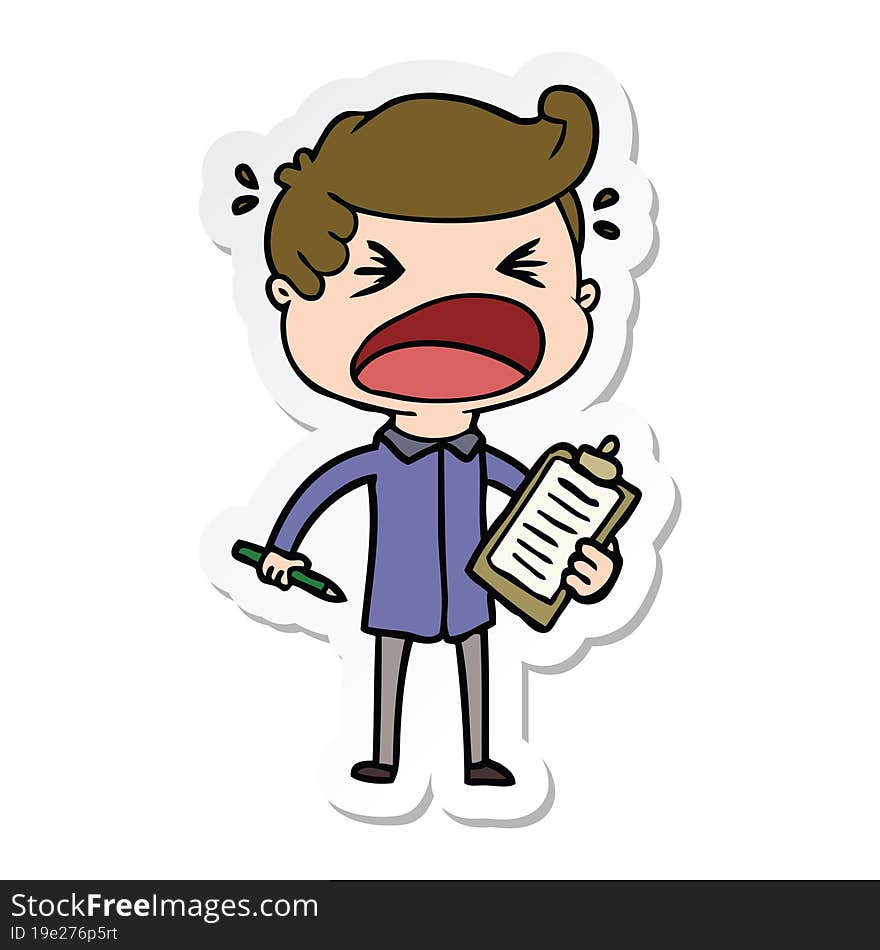 sticker of a cartoon shouting salesman