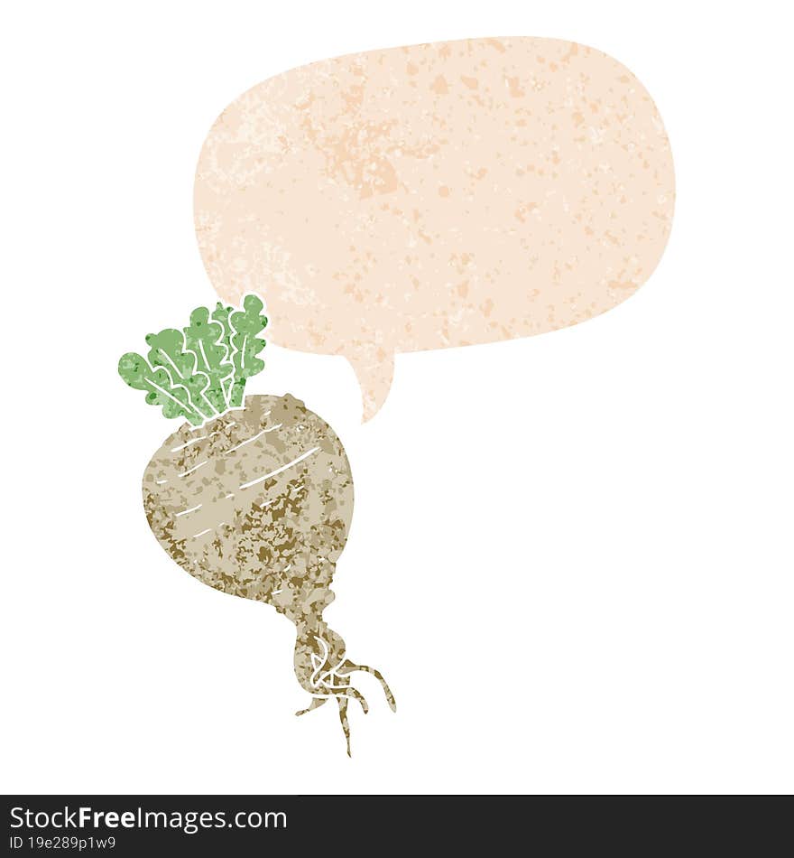 cartoon root vegetable and speech bubble in retro textured style