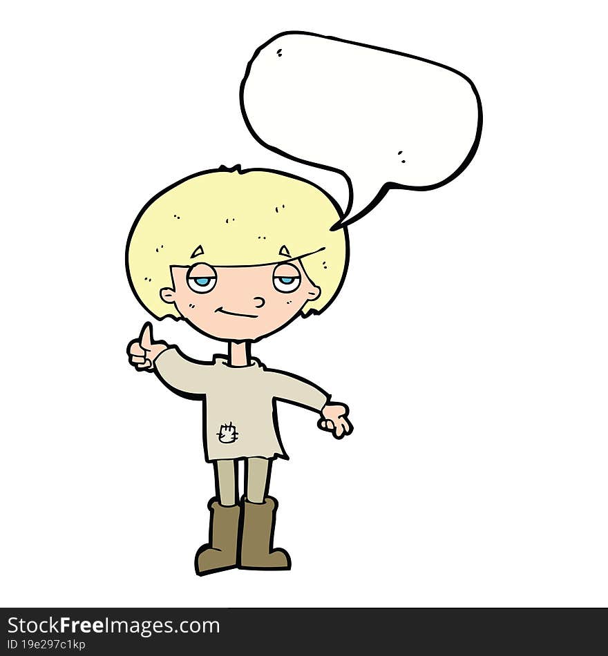 Cartoon Boy In Poor Clothing Giving Thumbs Up Symbol With Speech Bubble