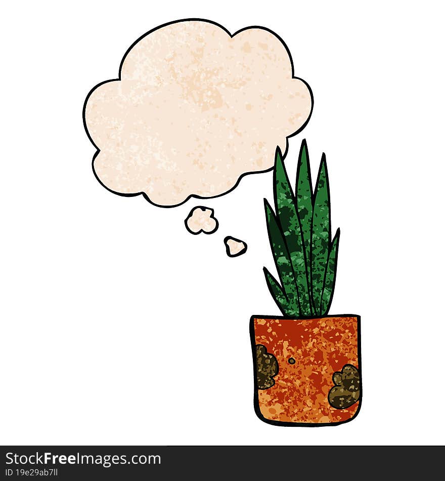 cartoon house plant and thought bubble in grunge texture pattern style