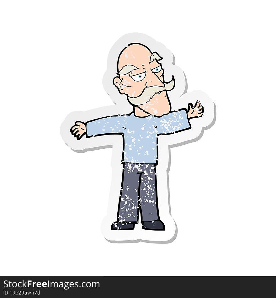 Retro Distressed Sticker Of A Cartoon Old Man Spreading Arms Wide