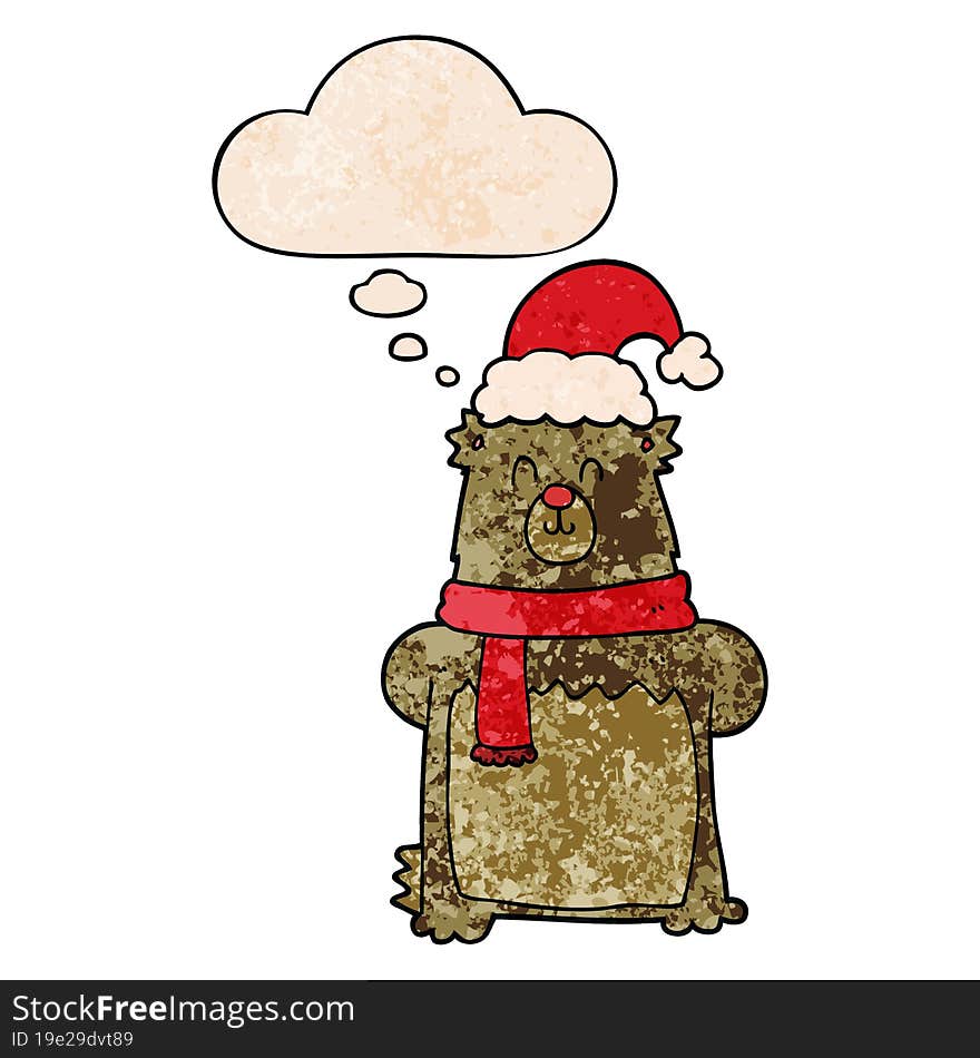 cartoon bear wearing christmas hat and thought bubble in grunge texture pattern style