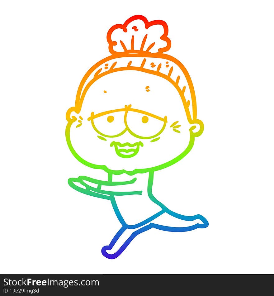 rainbow gradient line drawing of a cartoon happy old lady