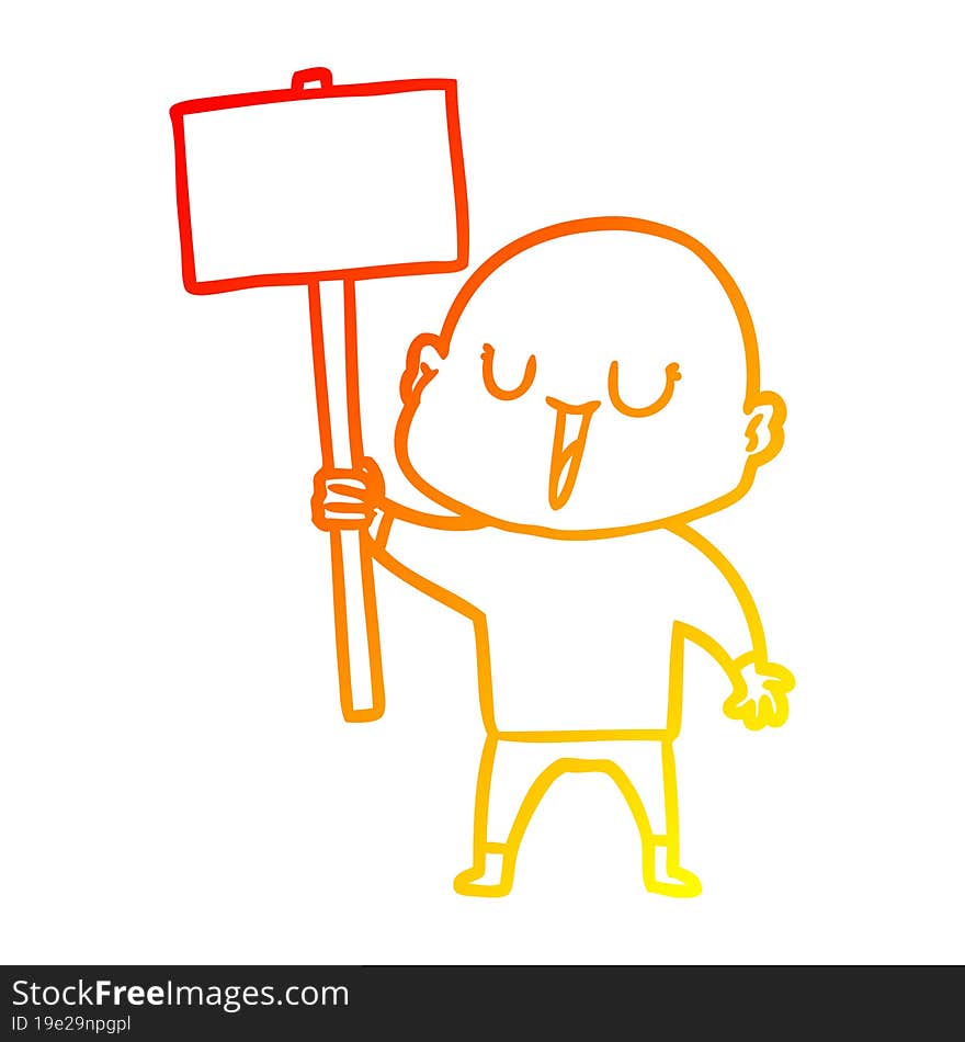 warm gradient line drawing happy cartoon bald man with sign