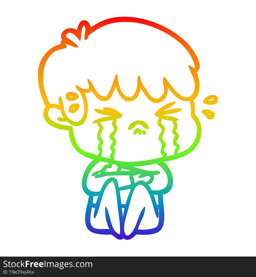 rainbow gradient line drawing of a cartoon boy crying