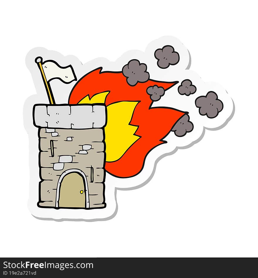 sticker of a cartoon burning castle tower