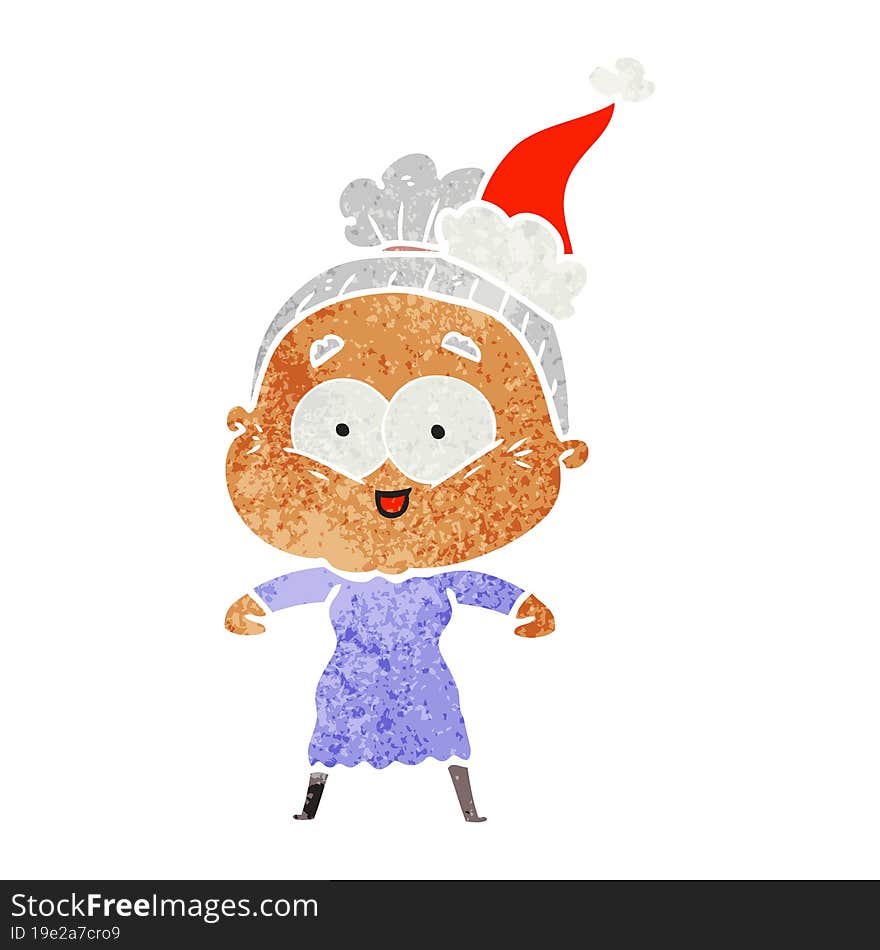 retro cartoon of a happy old woman wearing santa hat