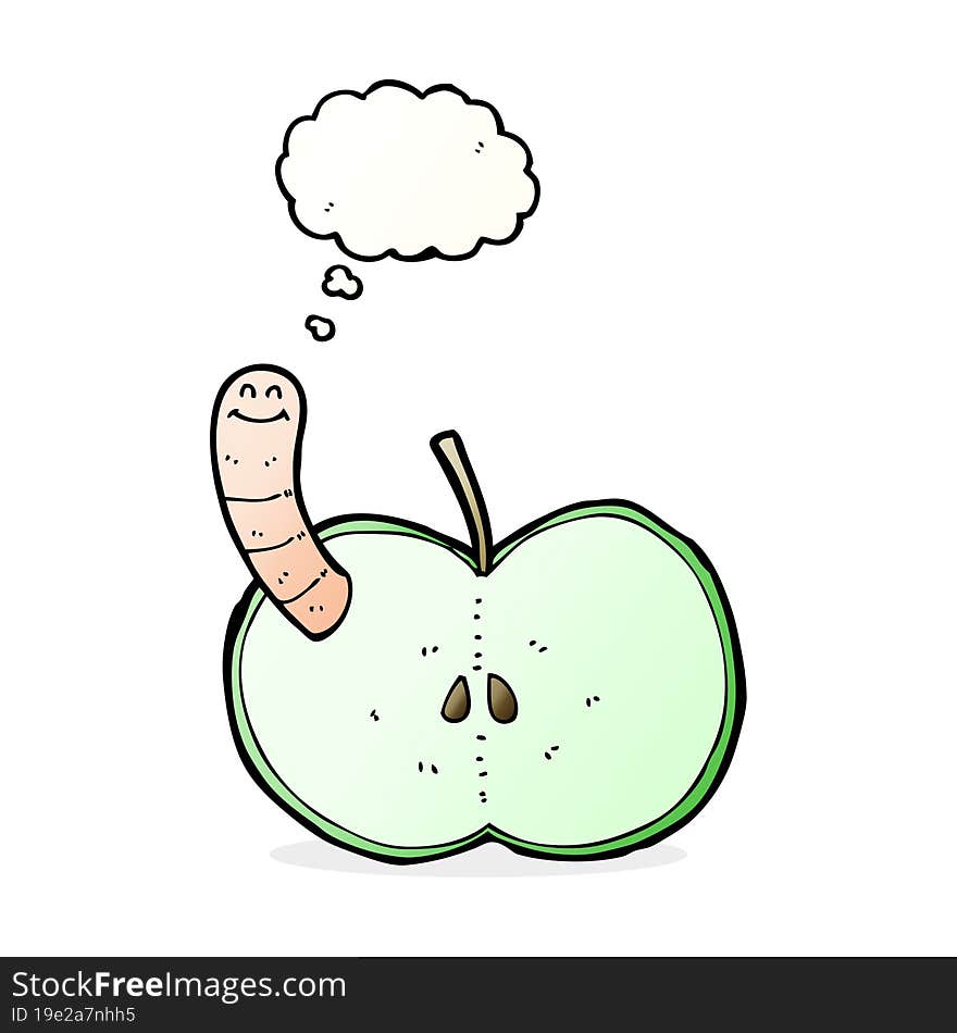 cartoon apple with worm with thought bubble