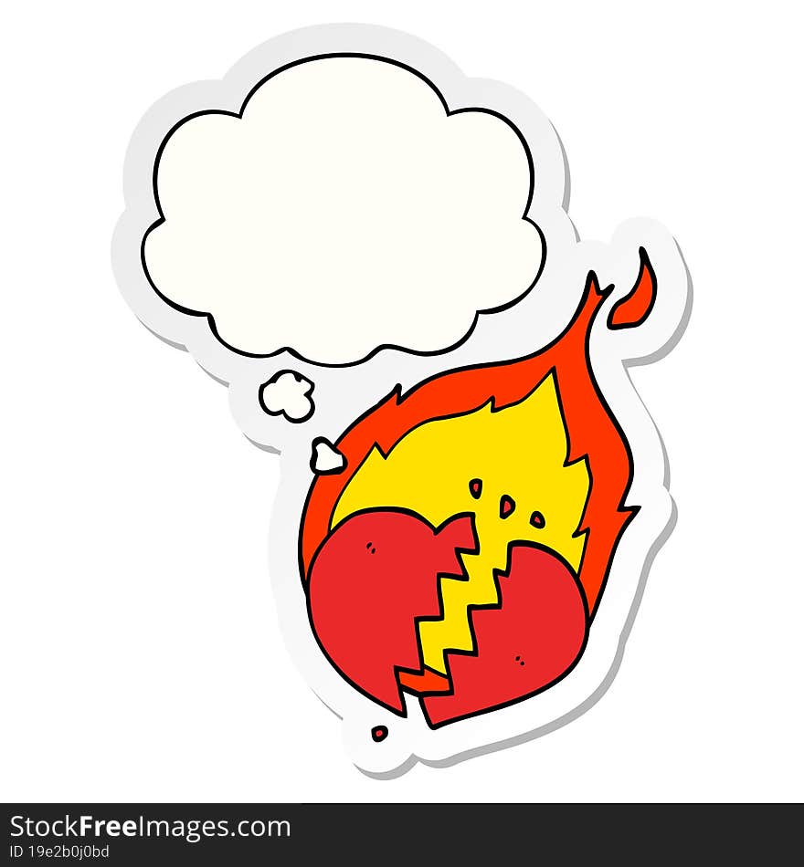 cartoon flaming heart and thought bubble as a printed sticker