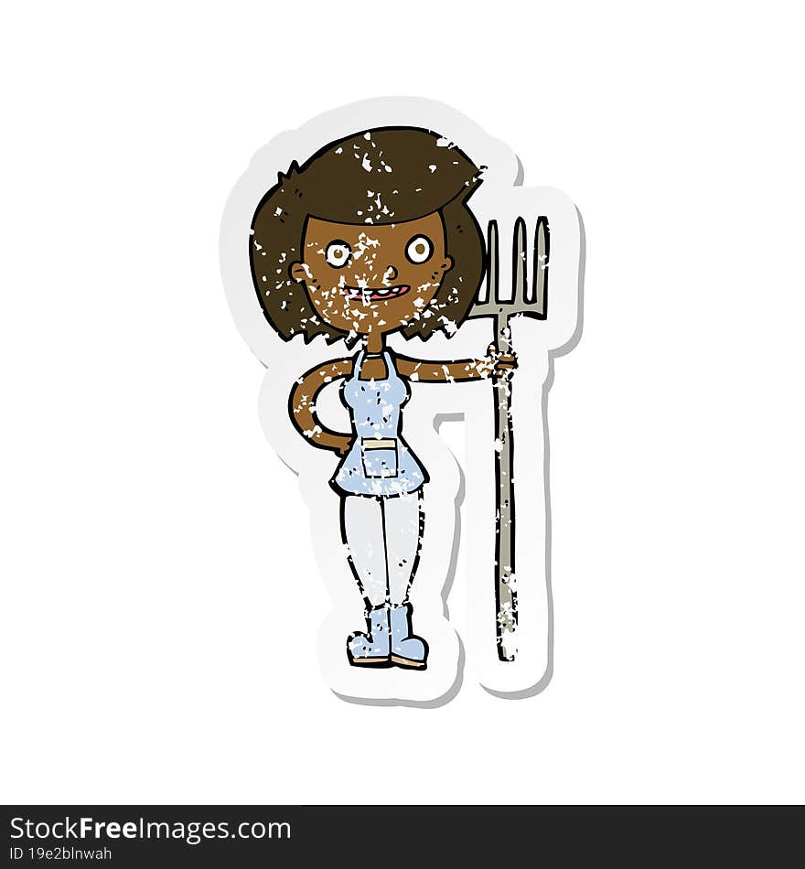 retro distressed sticker of a cartoon happy farmer girl