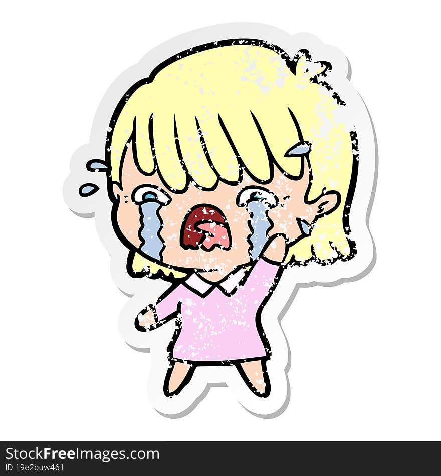 distressed sticker of a cartoon girl crying