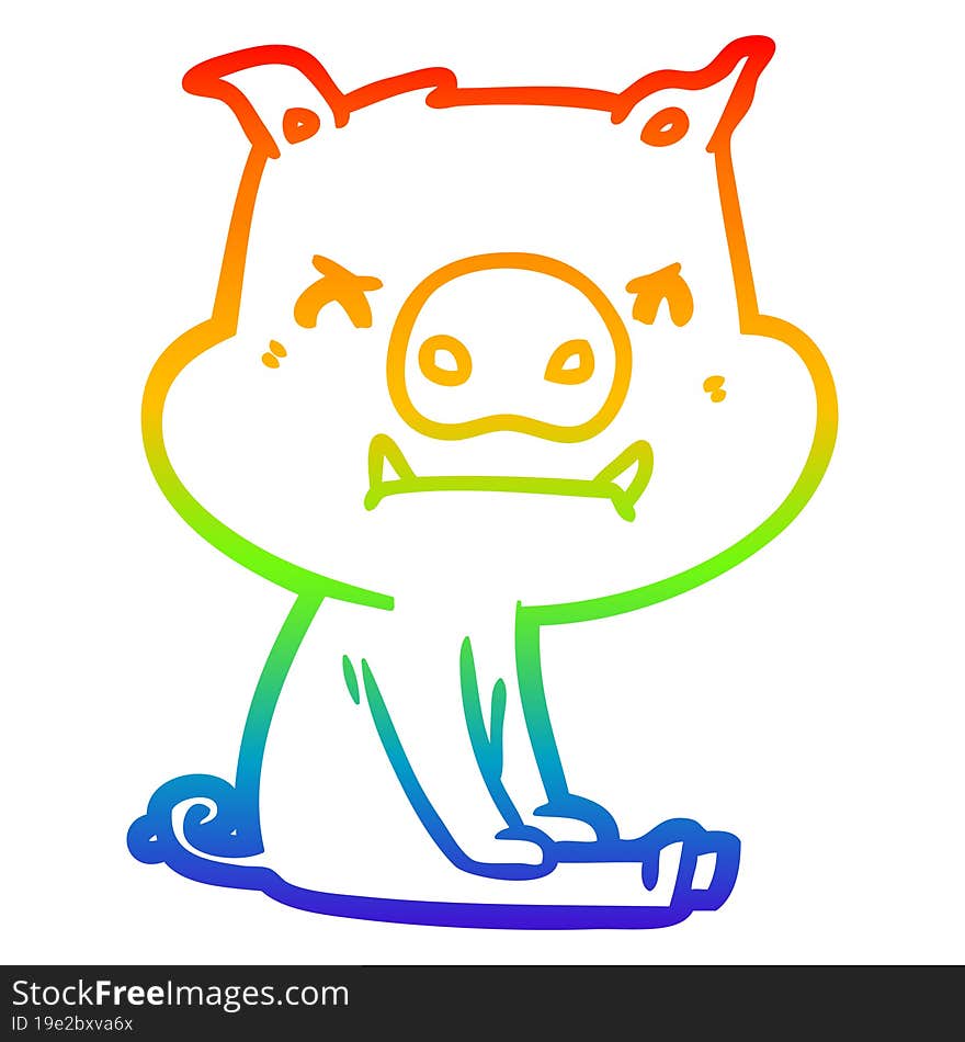 rainbow gradient line drawing of a angry cartoon pig sitting