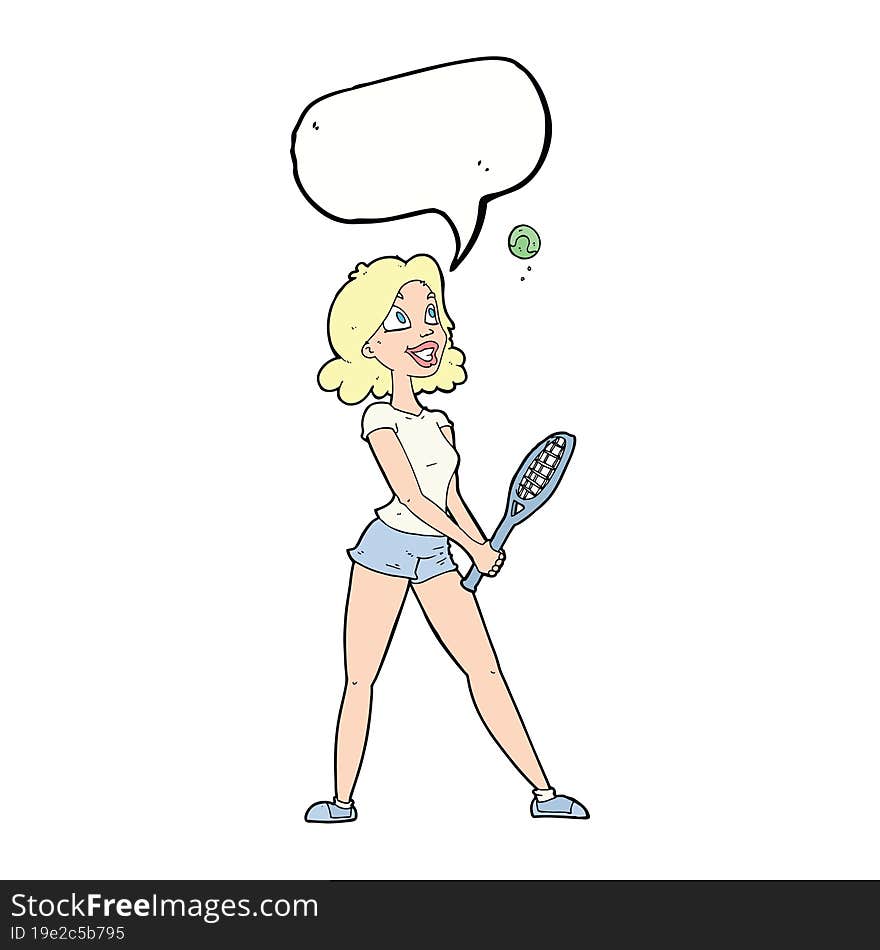 cartoon woman playing tennis with speech bubble