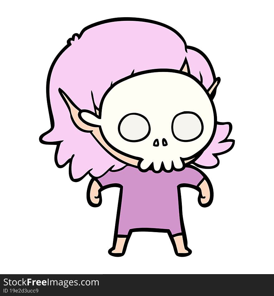 happy cartoon elf girl wearing skull mask. happy cartoon elf girl wearing skull mask