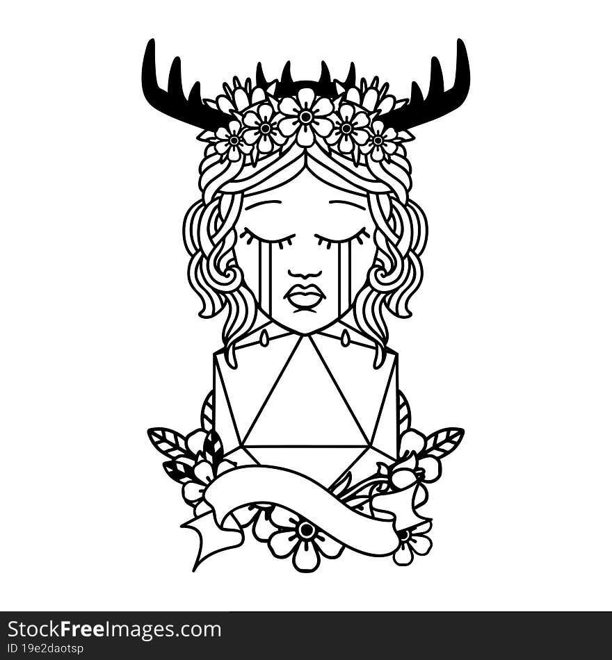 Black and White Tattoo linework Style crying human druid with D20 natural one roll. Black and White Tattoo linework Style crying human druid with D20 natural one roll