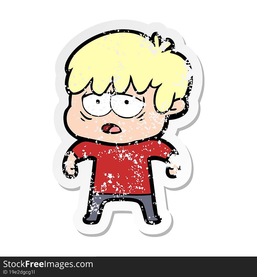 Distressed Sticker Of A Cartoon Exhausted Boy