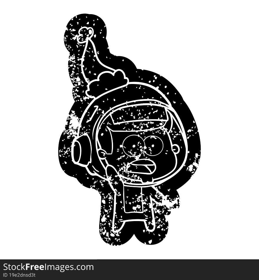 cartoon distressed icon of a surprised astronaut wearing santa hat