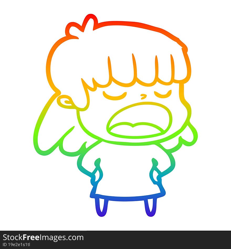 rainbow gradient line drawing of a cartoon woman talking loudly